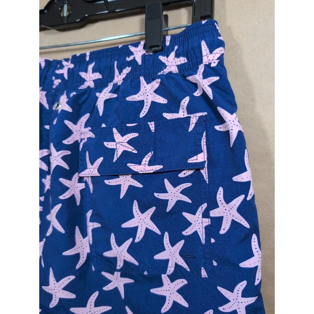 Tom & Teddy‎ Men's Medium Swim Trunks Purple With Pink Starfish Lined, Pockets